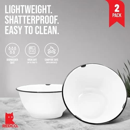 Red Co. Set of 2 Enamelware Metal Large Classic 4 qt Round Salad Serving Bowls | Vintage Style, Oven & Dishwasher Safe thumbnail 2