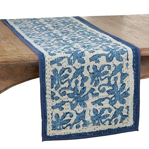 SARO LIFESTYLE Block Print Floral Kantha Stitch Table Runner | 14" x 72" Cotton Decor thumbnail 1