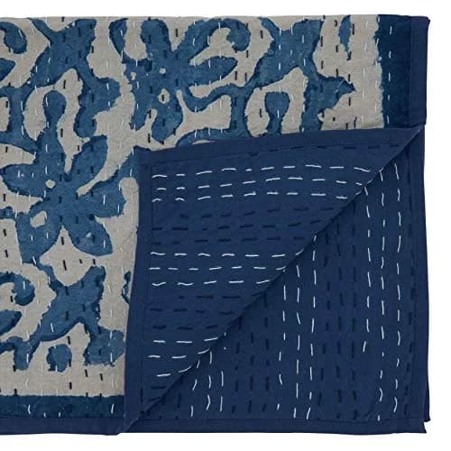 SARO LIFESTYLE Block Print Floral Kantha Stitch Table Runner | 14" x 72" Cotton Decor thumbnail 2