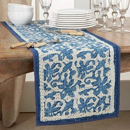 SARO LIFESTYLE Block Print Floral Kantha Stitch Table Runner | 14" x 72" Cotton Decor thumbnail 3
