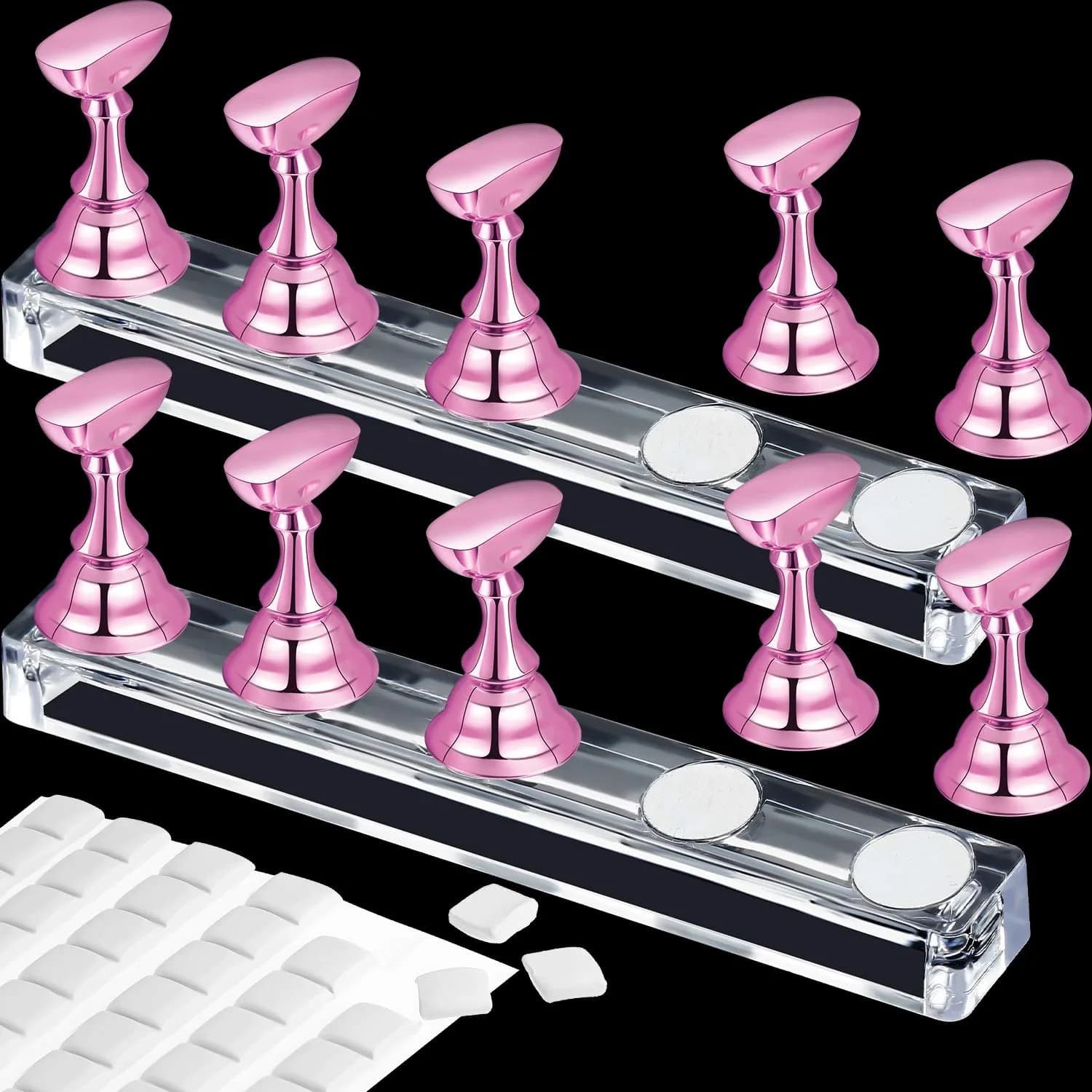 Blulu Magnetic Nail Art Practice Stands with Adhesive Putty (2 Sets, Metal Pink) | For Beginners & Salon Artists