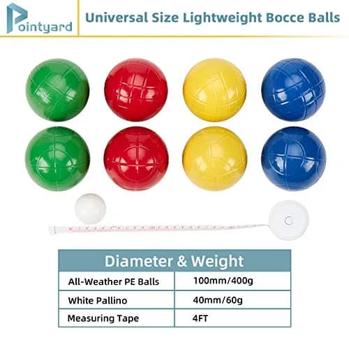 Pointyard 100mm Bocce Ball Set, 8 Premium PE Balls & Pallino Outdoor Game | Lightweight, All-Weather, Bag & Tape Included thumbnail 3