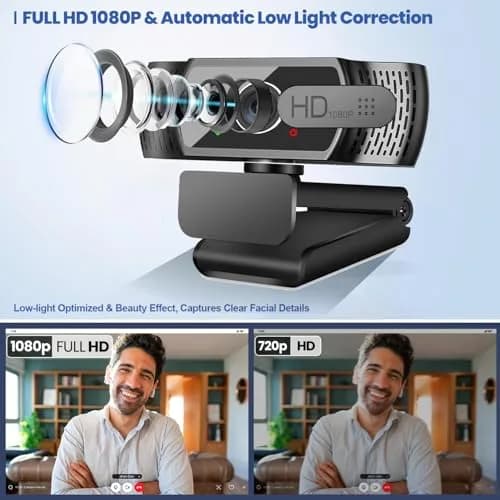 Samcorn 1080P HD USB Webcam with Microphone & Tripod | Autofocus 3D Noise Reduction thumbnail 2