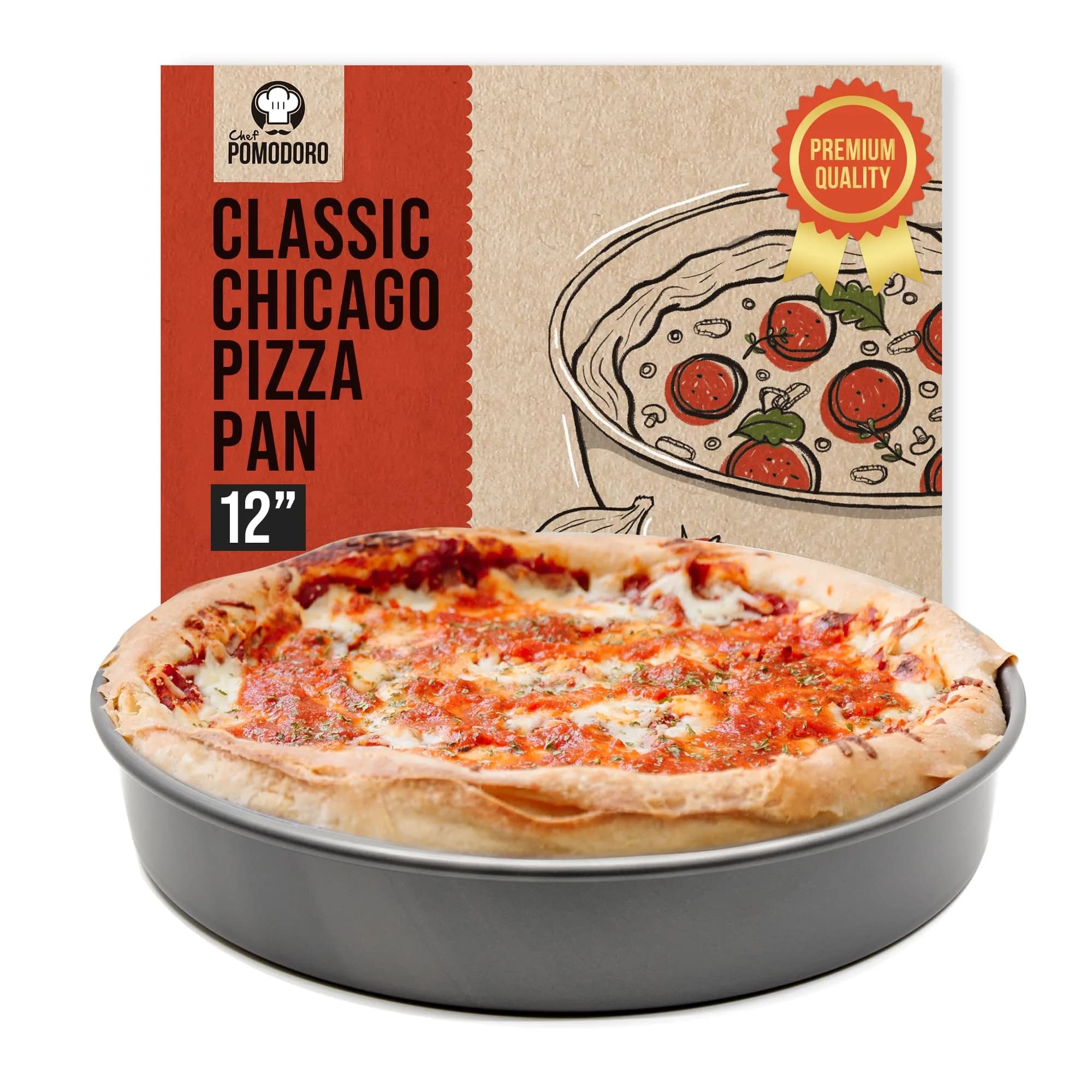 Chef Pomodoro Chicago Deep Dish Pizza Pan, 12 Inch Hard Anodized Aluminum | Authentic Chicago Style Deep Dish