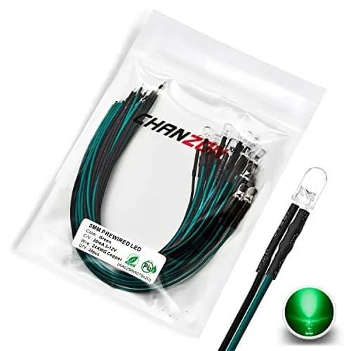 CHANZON 20 pcs Pre-Wired 5mm Green LED Diode Lights (DC 12V) | 15000-18000 mcd Ultrabright thumbnail 1
