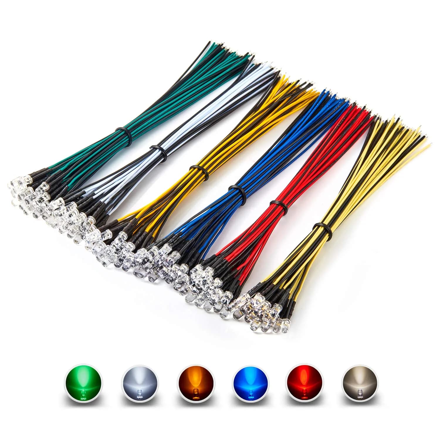 CHANZON 120pcs 12V 5mm LED Diode Lights 7.9 inch Pre Wired Assorted Kit | 6 Colors x 20pcs