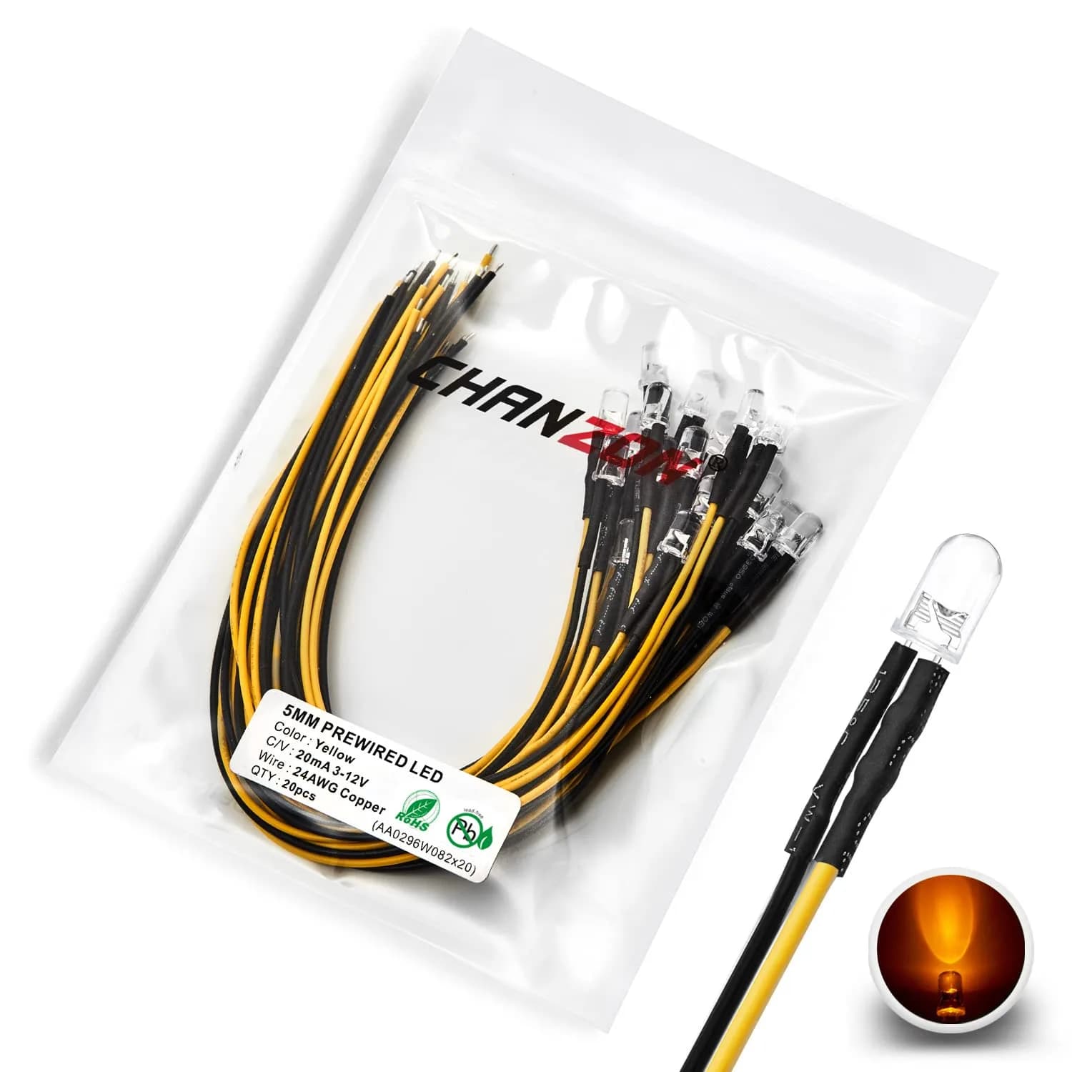 CHANZON 20 pcs Pre-Wired 5mm Warm White LED Diode Lights (DC 12V) | Ultrabright 14000-16000 mcd — F) Yellow (20pcs)