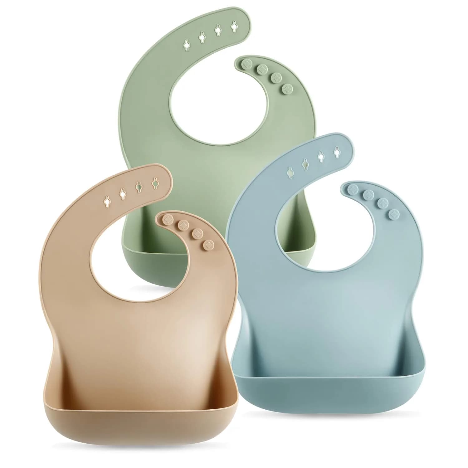 PandaEar Silicone Baby Bibs 3-Pack (25.6cm H x 11.4cm L x 8.5cm W) | Waterproof, Soft, Unisex, 10-72 Months — Brown/Blue/Green
