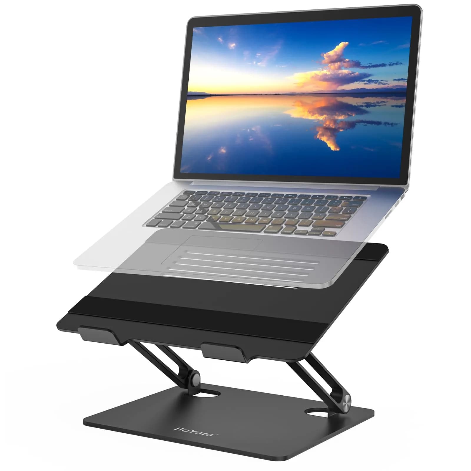 BoYata Adjustable Aluminum Laptop Stand for 15-Inch Laptops, Silver | Ergonomic Z-Type Design with Ventilation — Black