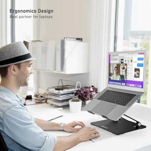BoYata Adjustable Laptop Stand for Laptops up to 17 Inches | Black Metal Desktop Riser thumbnail 2