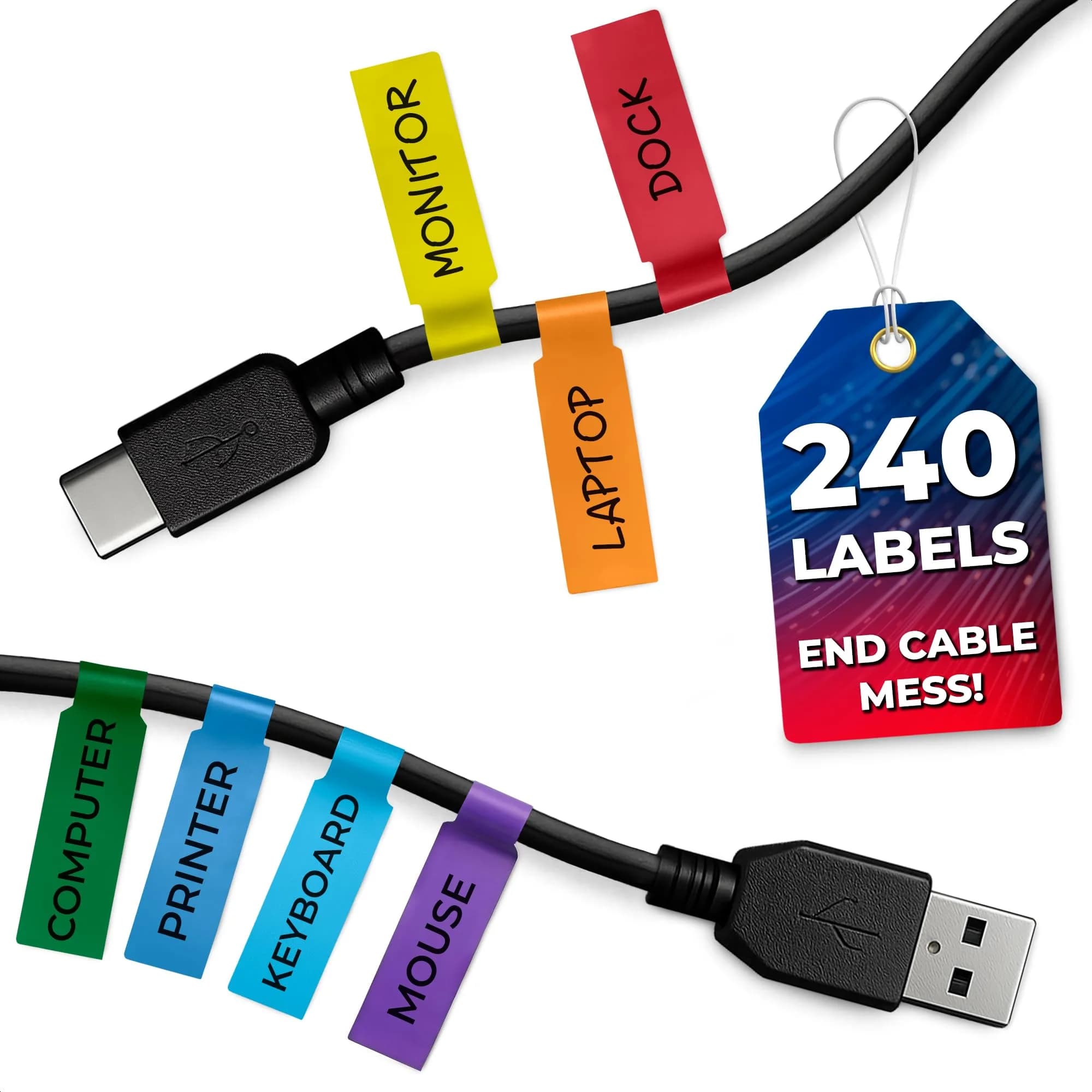 BURIUS 240 PCS Cable Labels for Cords in 8 Colors | Rectangular Paper Labels (84 x 26 mm)