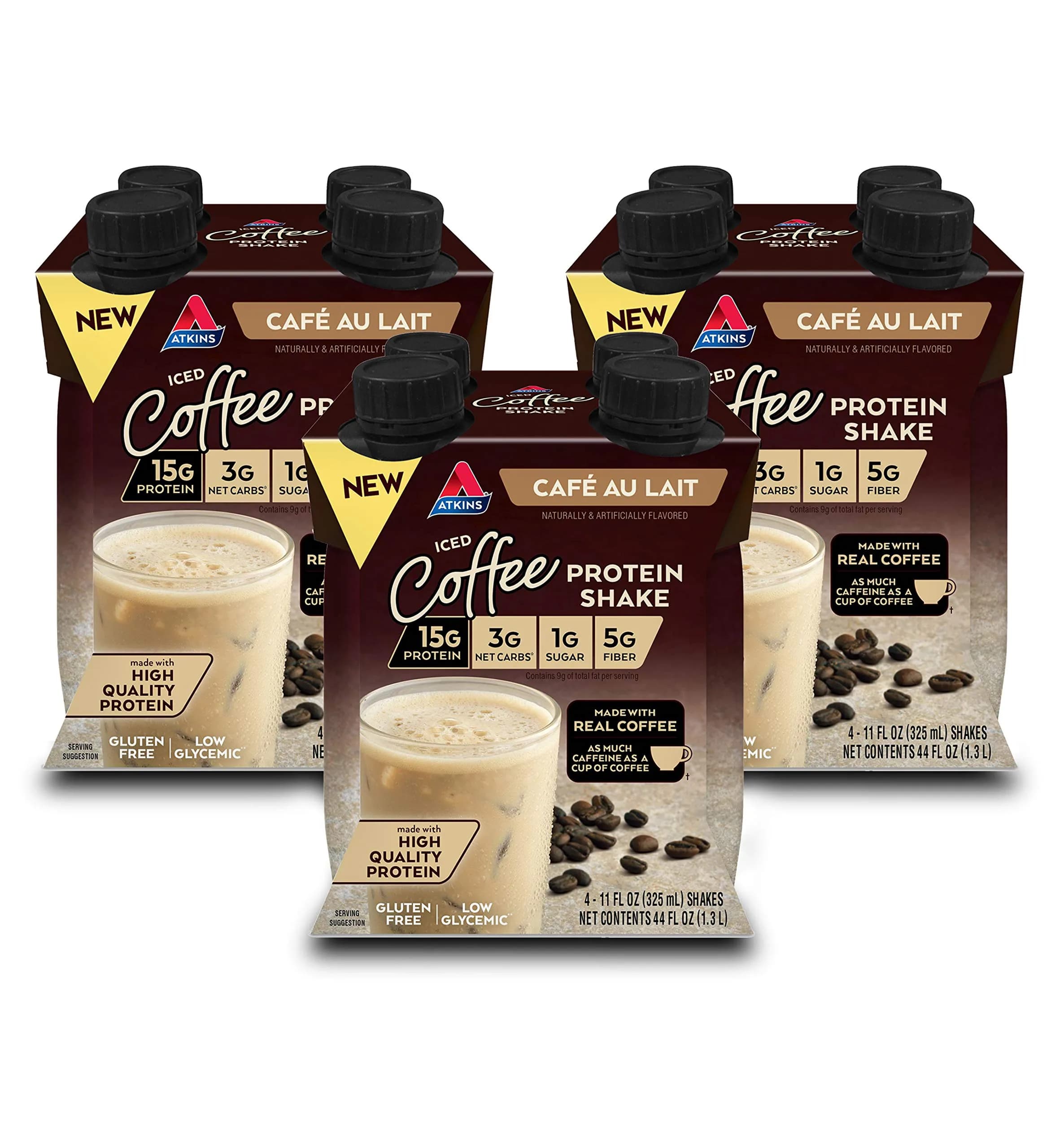 Atkins Café au Lait Iced Coffee Protein Shake 15g Protein, 3g Net Carb, 12 Count | Keto Friendly, Gluten Free