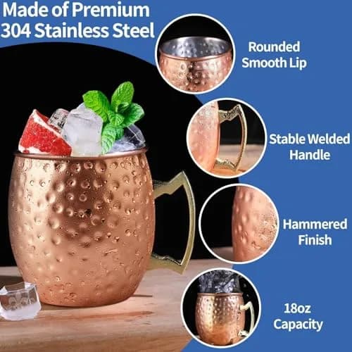 LINALL Moscow Mule Copper Mugs Set of 6 | 18oz Copper Plated Stainless Steel Drinkware thumbnail 3