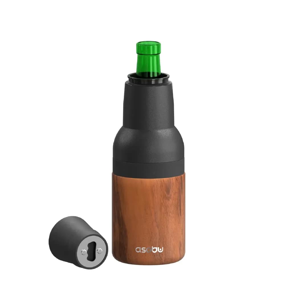 asobu Frosty Beer Holder 2 Go Vacuum Insulated 16oz | Double Walled Stainless Steel, Keeps Beer Cold 12h — Wood