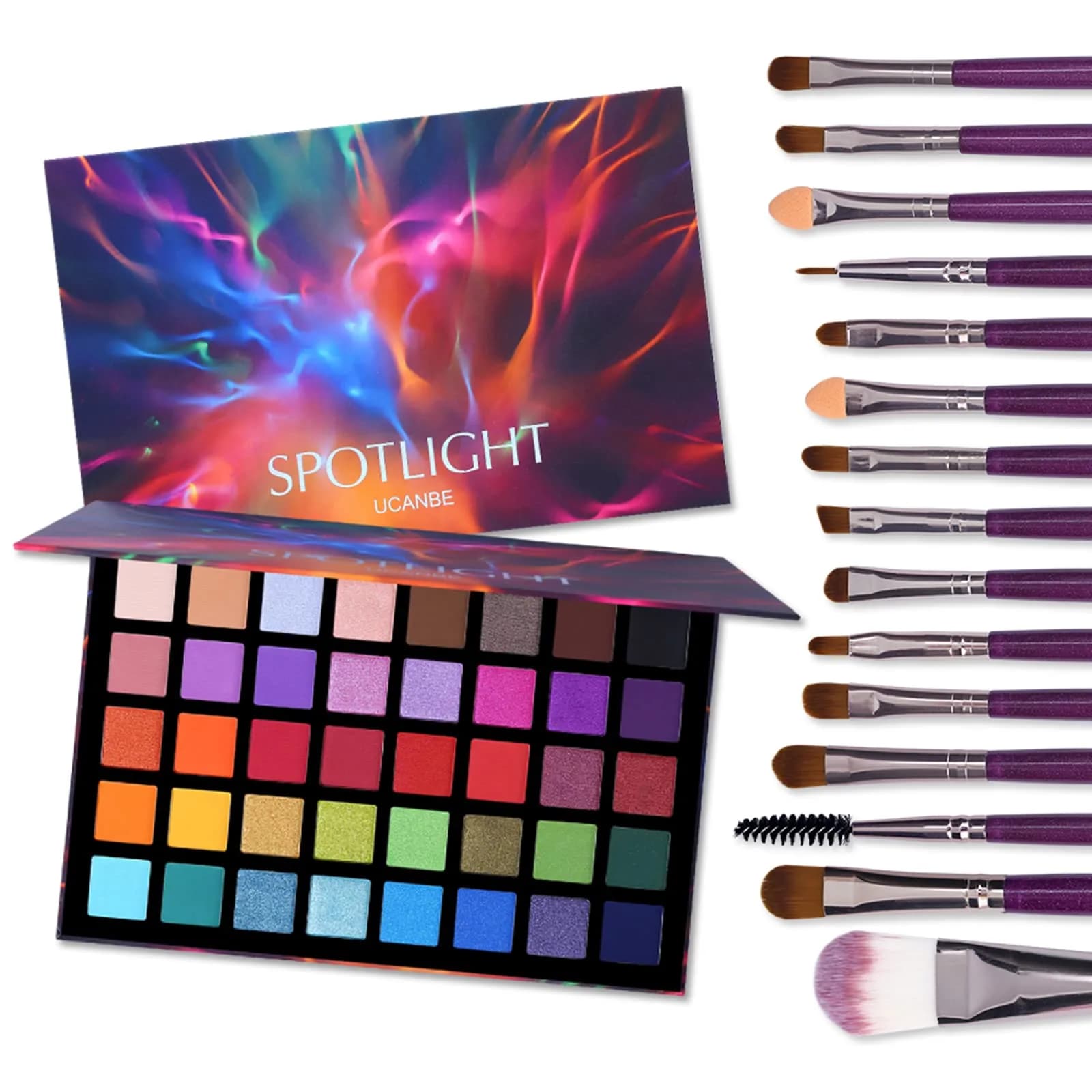 UCANBE Spotlight Eyeshadow Palette + 15 Brushes Set, 40 Colors Matte Shimmer Glitter | Highly Pigmented & Waterproof