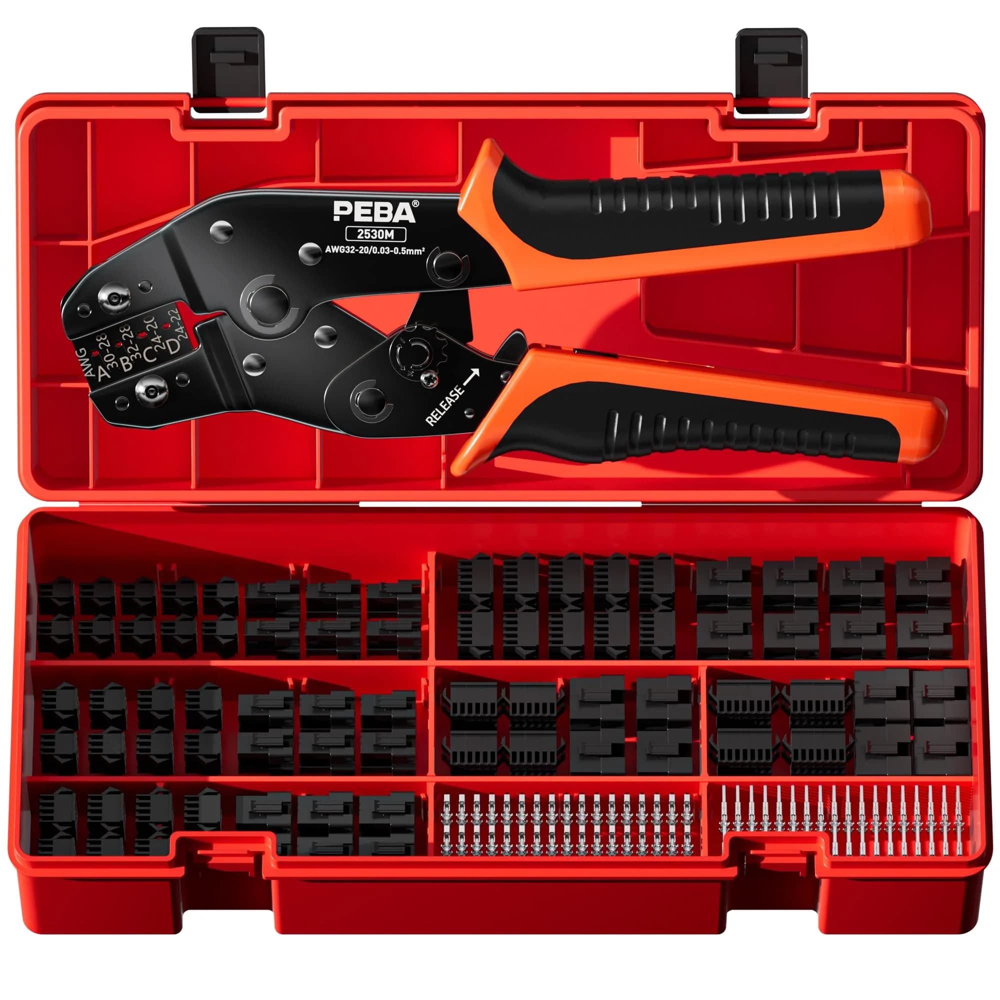 PEBA Ratchet Crimping Tool and JST Connector Kit for AWG 32-20 Wires | 14 Types of 2.5mm JST-SM Connectors & Crimp Pins — JST-SM | 14 Types