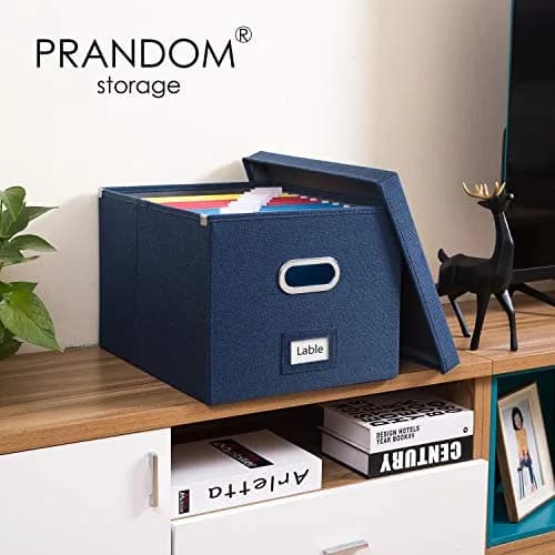 PRANDOM Decorative Linen File Organizer Box Set with Lids, 28.5cm (11.2 inch) Height | Collapsible Storage for Letter/Legal Files thumbnail 2
