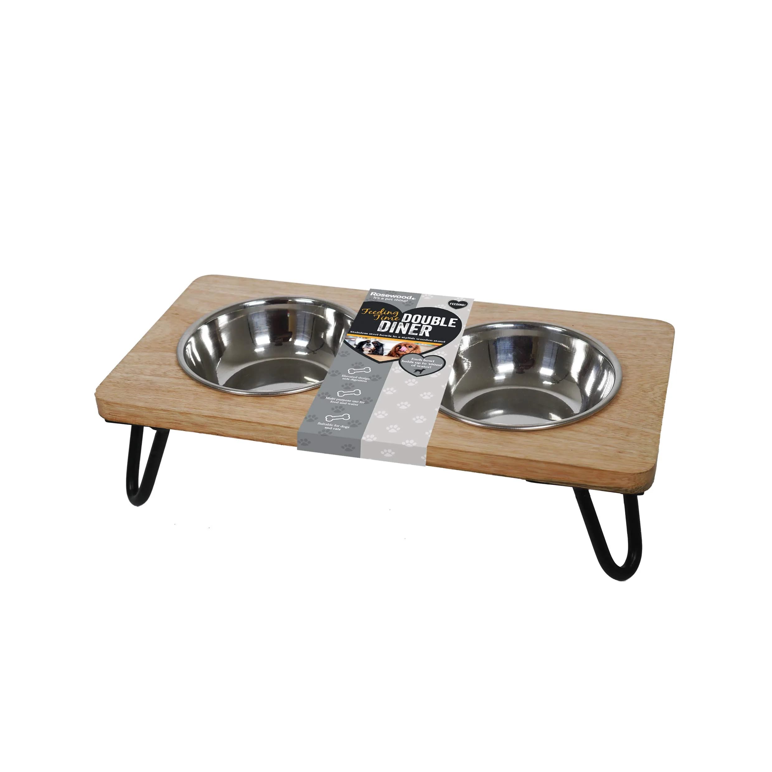 Rosewood Raised Wood Dog Bowl for Medium Dogs & Cats | Nordic Style Elevated Stand, Stainless Steel Bowls (Medium) - main product image