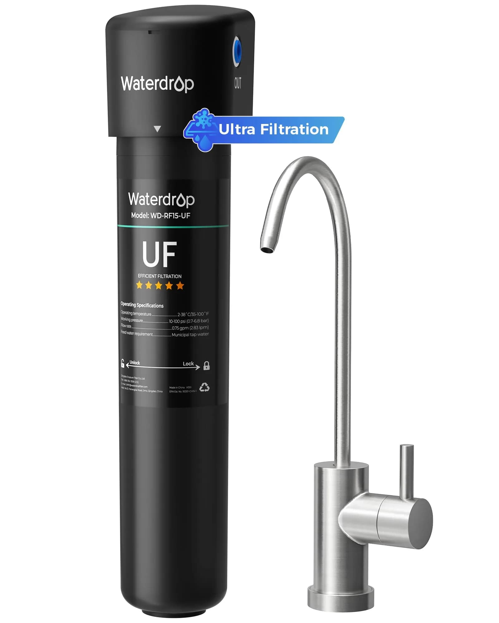 Waterdrop 15UA-UF Ultra Filtration Under Sink Water Filter System 19,000 Gallons (71,942 L) | Reduces Lead, Chlorine, Bad Taste & Odor — Black