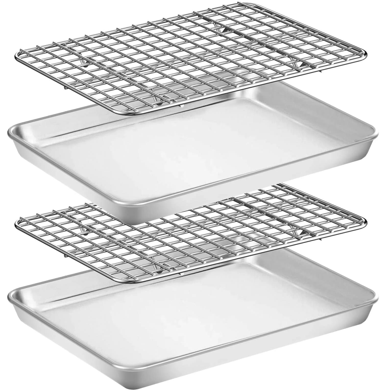 Wildone Stainless Steel Baking Sheet with Rack Set [2 Pans + 2 Racks] 22.86cm x 17.78cm x 2.54cm (9" x 7" x 1") | Heavy Duty Non-Toxic Bakeware - main product image