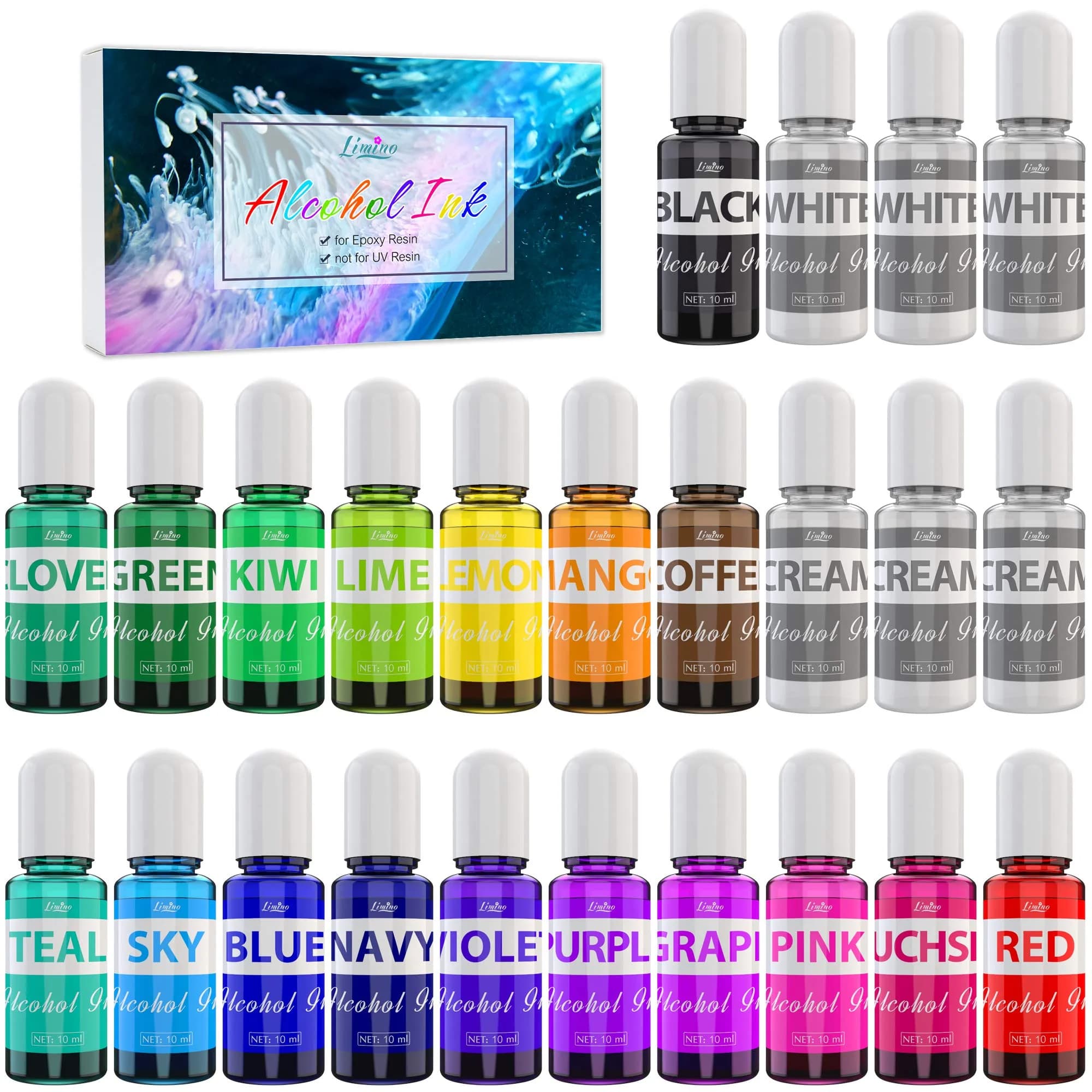 Limino Alcohol Ink Set 22 Colors 220ml (7.44 Fl Oz) | Highly Pigmented for Resin Art & Crafts — 24 x 10ml