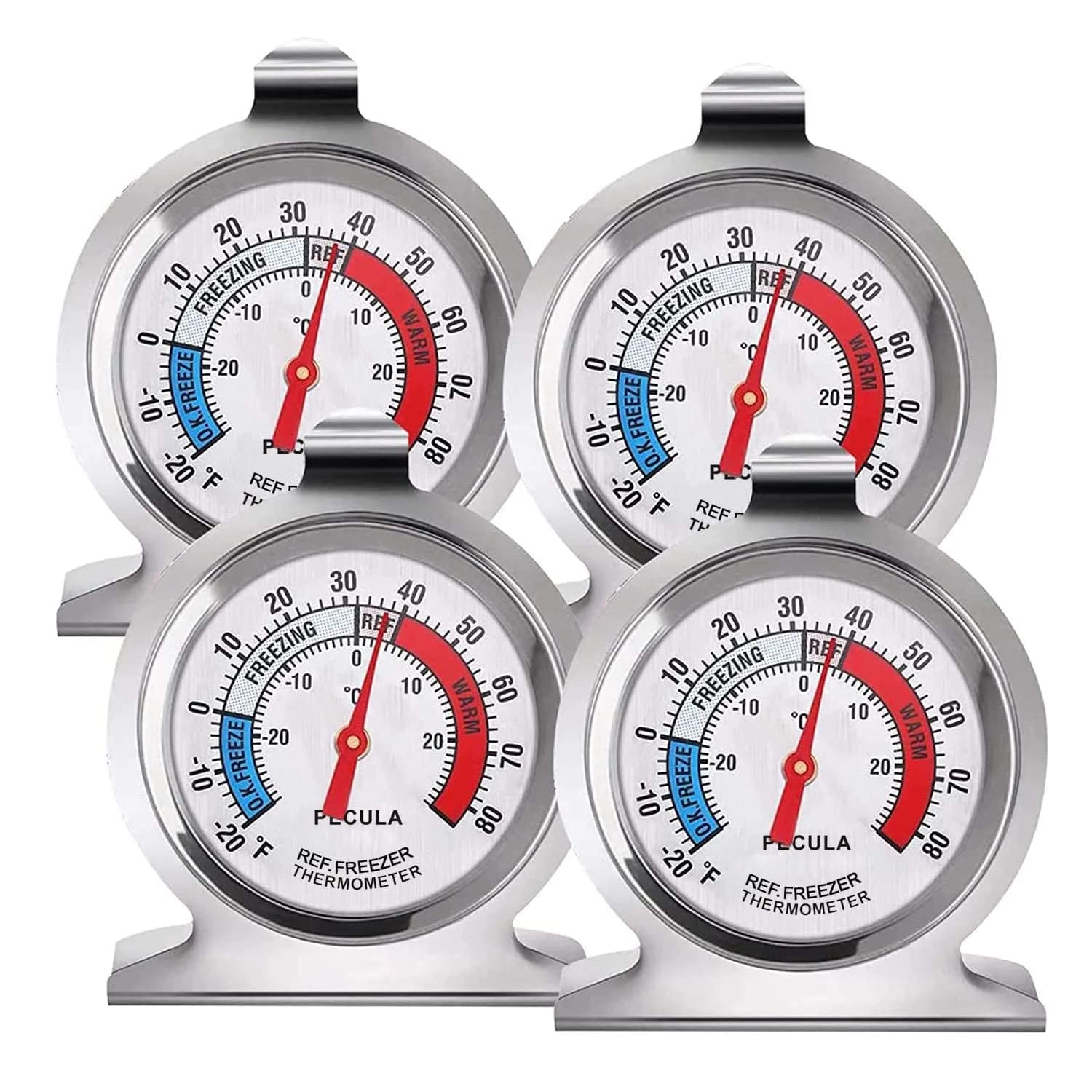 PECULA Classic Refrigerator Thermometer 4-Pack | Large Dial with Red Indicator for Freezers & Coolers