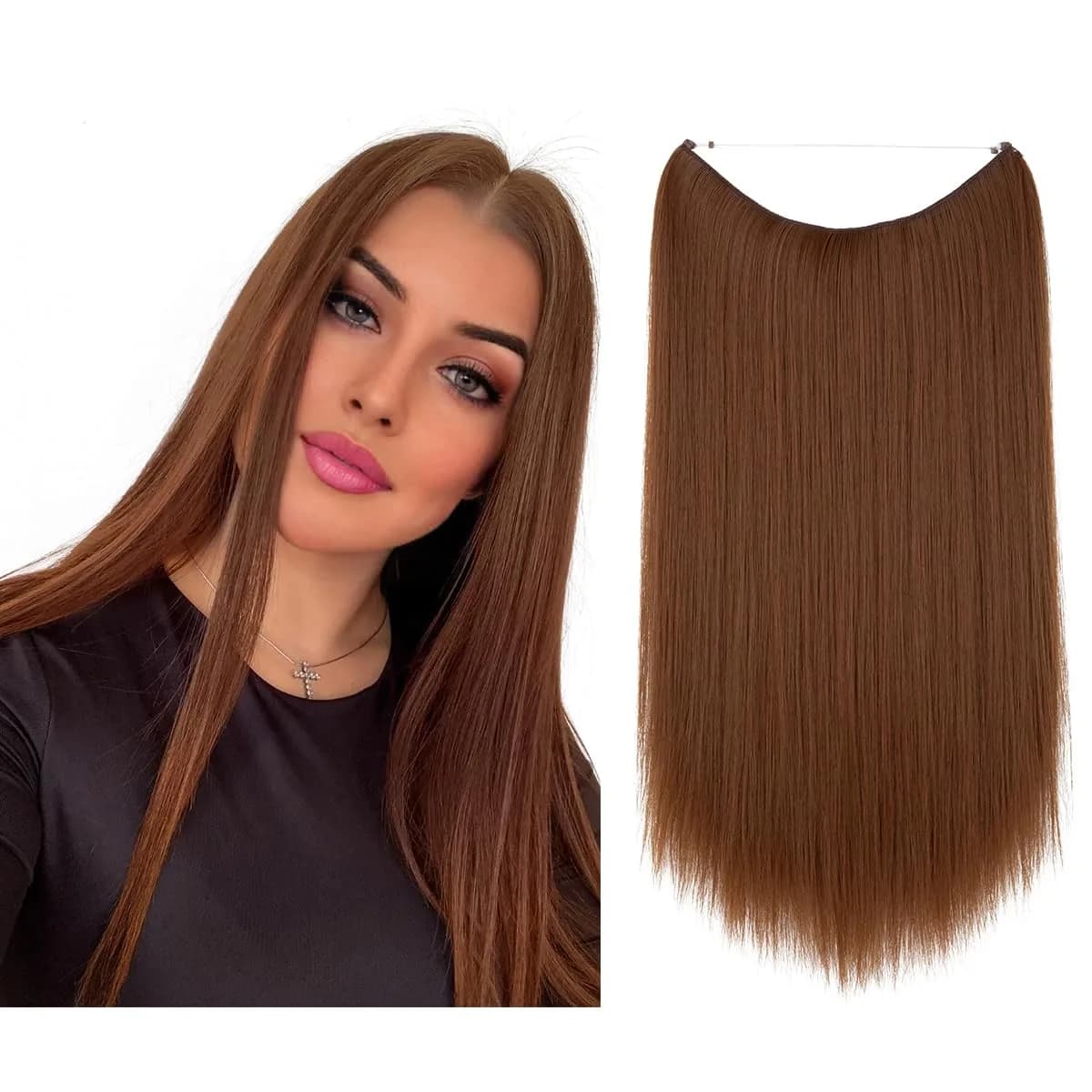 SARLA Invisible Wire Hair Extensions Dirty Blonde Straight Synthetic Hairpieces 14 inch (35.56 cm) | Heat Resistant Hair Extension for Women — Straight-Light Auburn / 22 Inch