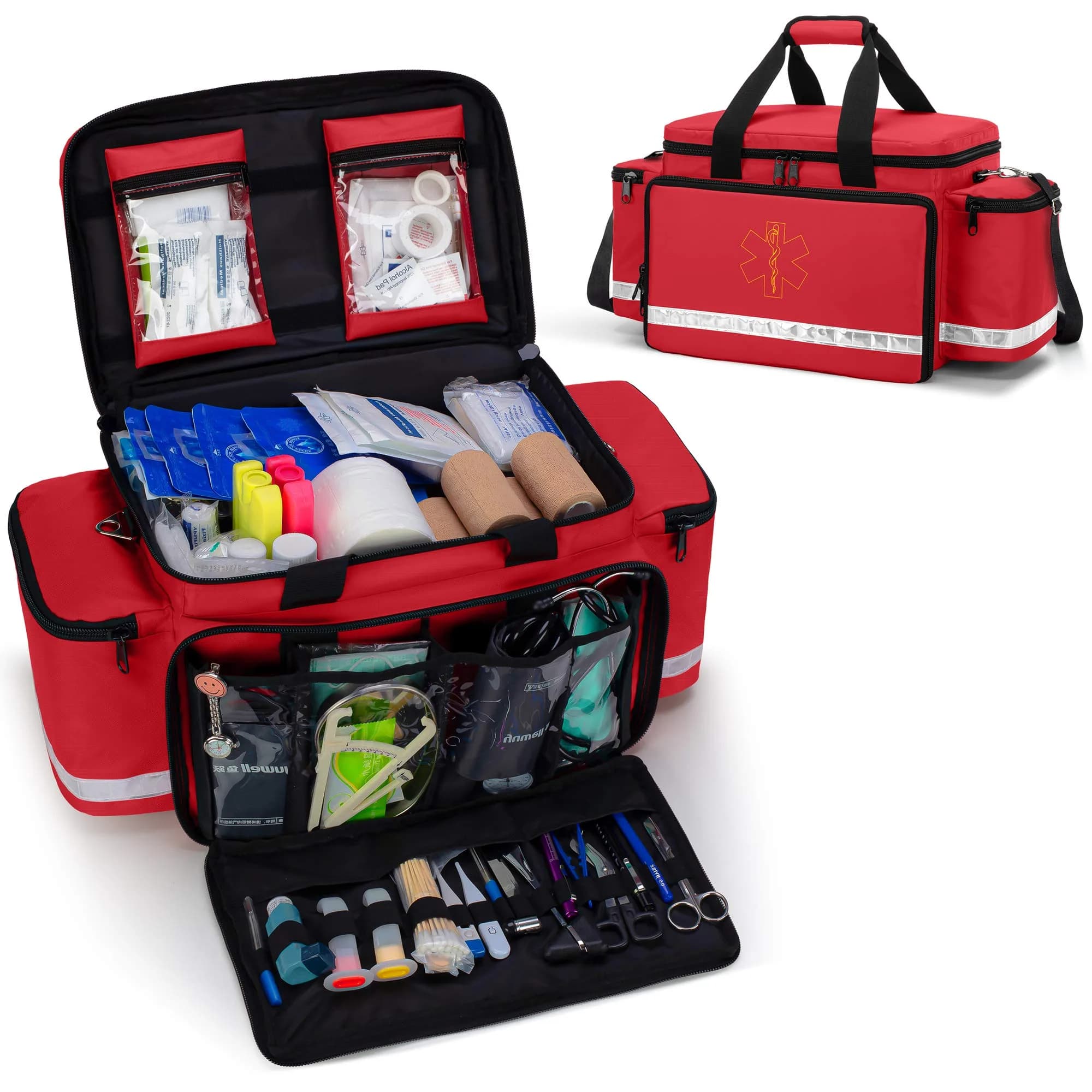 Trunab Red EMT Trauma Bag with Dividers, Medical First Aid Pouch 62cm (24.5") | Reinforced Nylon, Quick Grab & Go