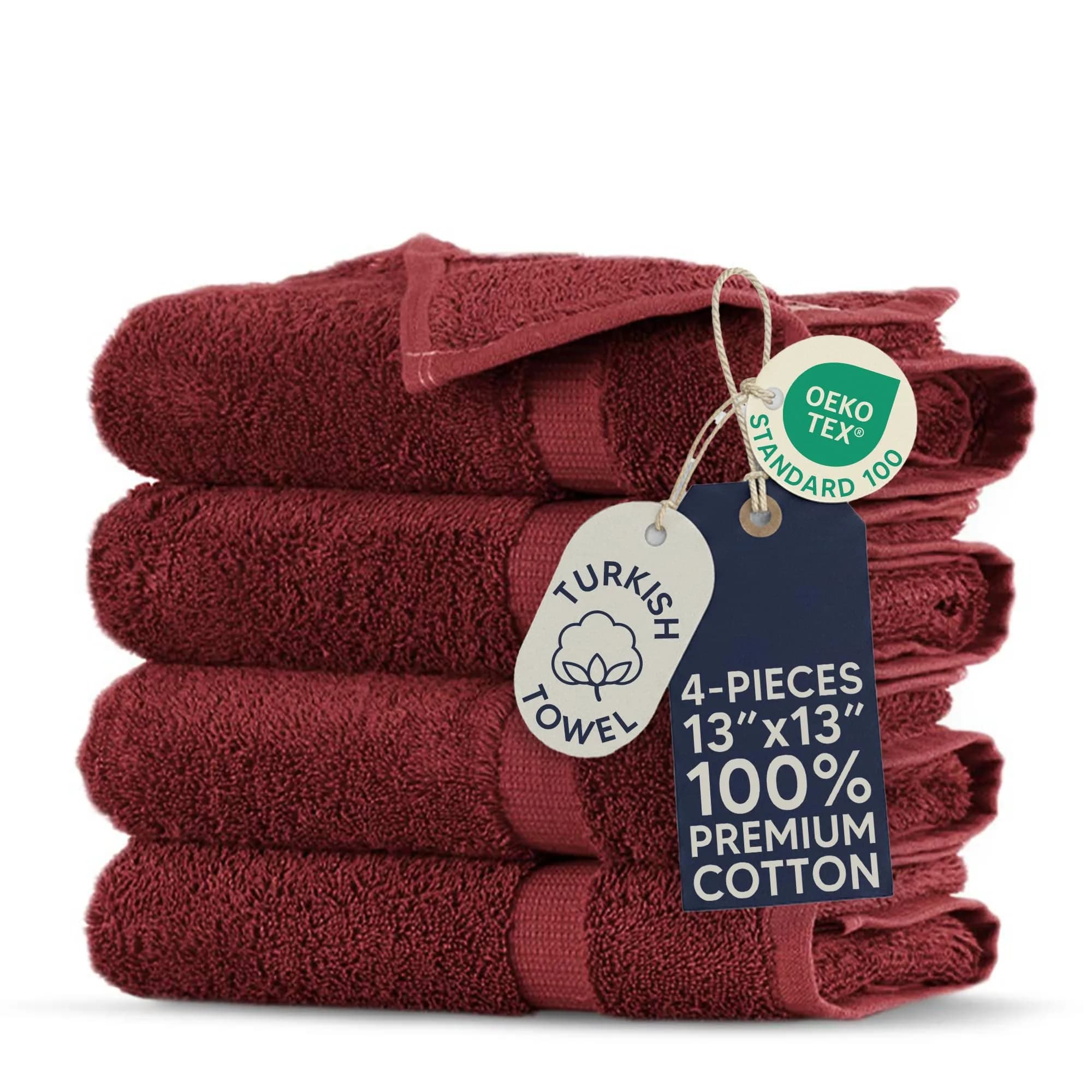 Towel Bazaar Turkish Cotton Washcloths 13x13 (4-Pack, Cranberry) | Premium Long-Staple Fibre, Natural Dyes