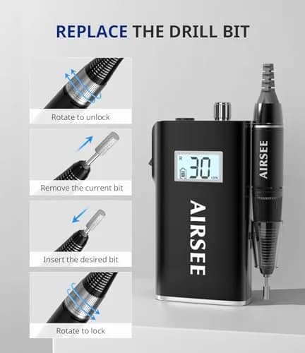 AIRSEE Rechargeable 30000RPM Electric Nail Drill E8 Black | Professional E File Machine, Cordless & Portable, High Speed for Acrylic Nail Natural Extension Gel Nails Polish Cuticle thumbnail 6