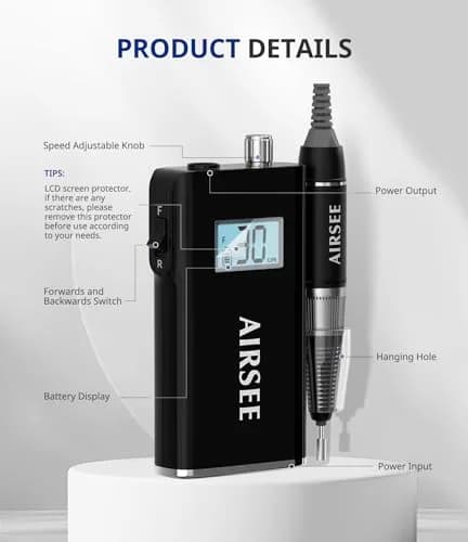 AIRSEE Rechargeable 30000RPM Electric Nail Drill E8 Black | Professional E File Machine, Cordless & Portable, High Speed for Acrylic Nail Natural Extension Gel Nails Polish Cuticle thumbnail 2