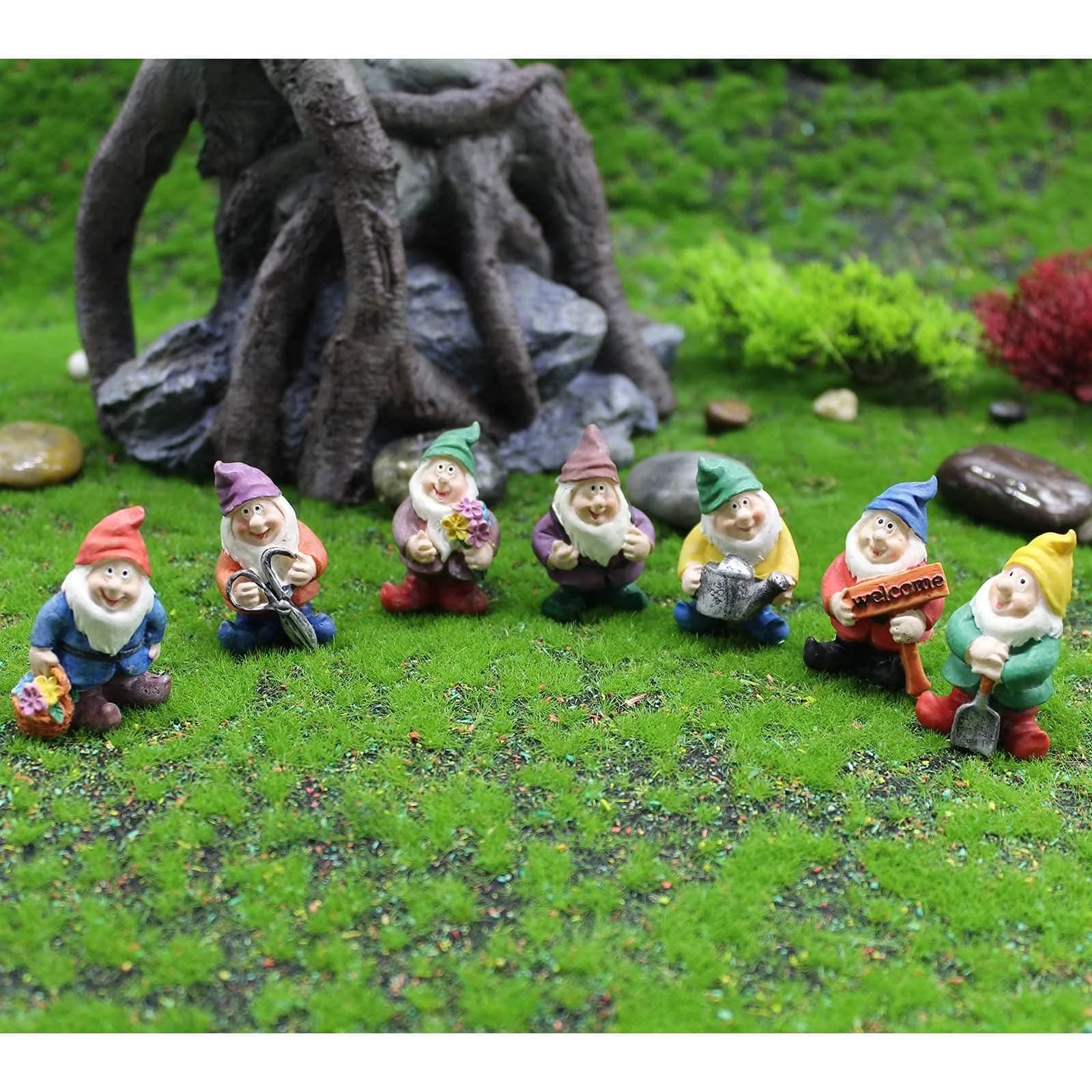 HONEYSHOW Fairy Garden Accessories Mini Gnome Resin Figurines Set 7Pcs | Hand-Painted Waterproof Decor for Pots & Terrariums — 7pack1