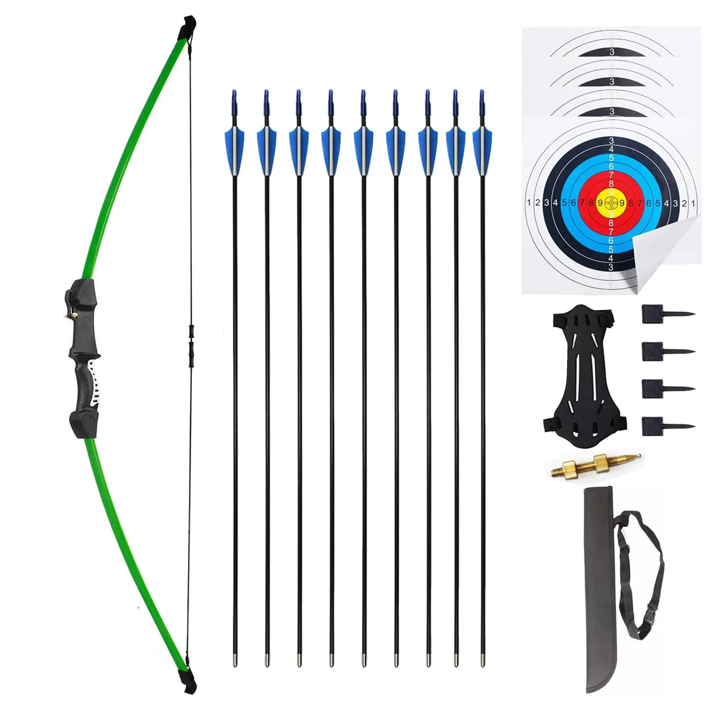 Mxessua 45" Youth Bow and Arrows Set Black | Beginner Recurve Archery Kit with 9 Arrows, Arm Guard, Quiver, Target Faces — Green