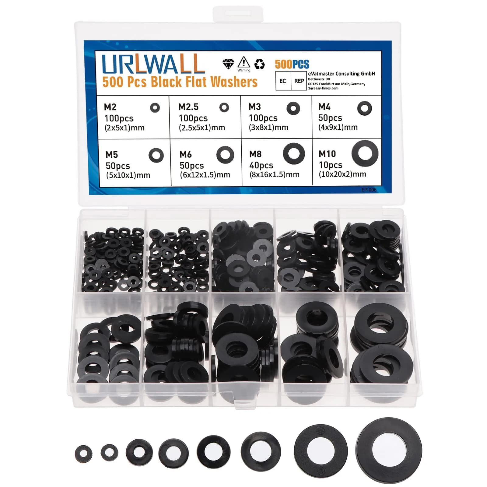 URLWALL Black 500Pcs Nylon Flat Washer Assortment Set M2-M10 | Metric Sealing Spacer Gasket Ring Kit - main product image