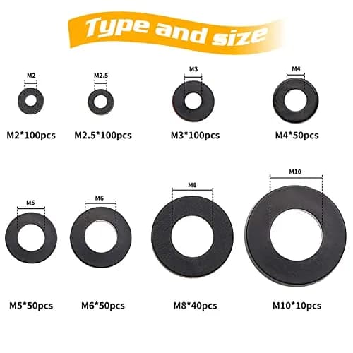URLWALL Black 500Pcs Nylon Flat Washer Assortment Set M2-M10 | Metric Sealing Spacer Gasket Ring Kit thumbnail 2