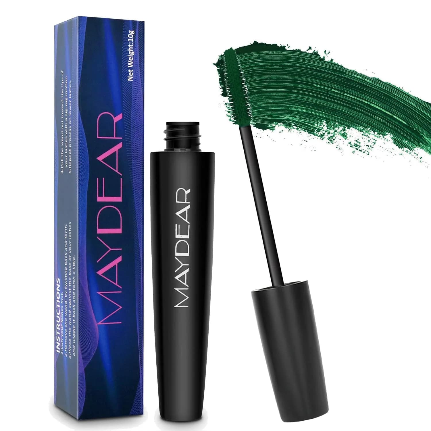Maydear White Mascara Volumizing Curling Lengthening 10ml (0.32 Fl Oz) | Intense Definition & Long-Lasting Smudge-Proof Wear — Dark Green