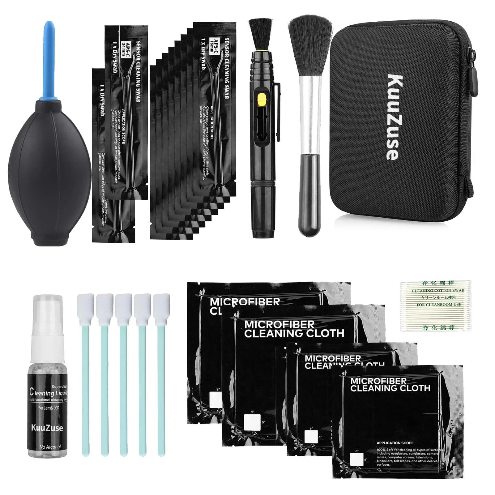 KuuZuse Camera Cleaning Kit for DSLR & APS-C Sensors | Microfiber Cloths, Lens Cleaner, Pen, Brush, Bag — pink