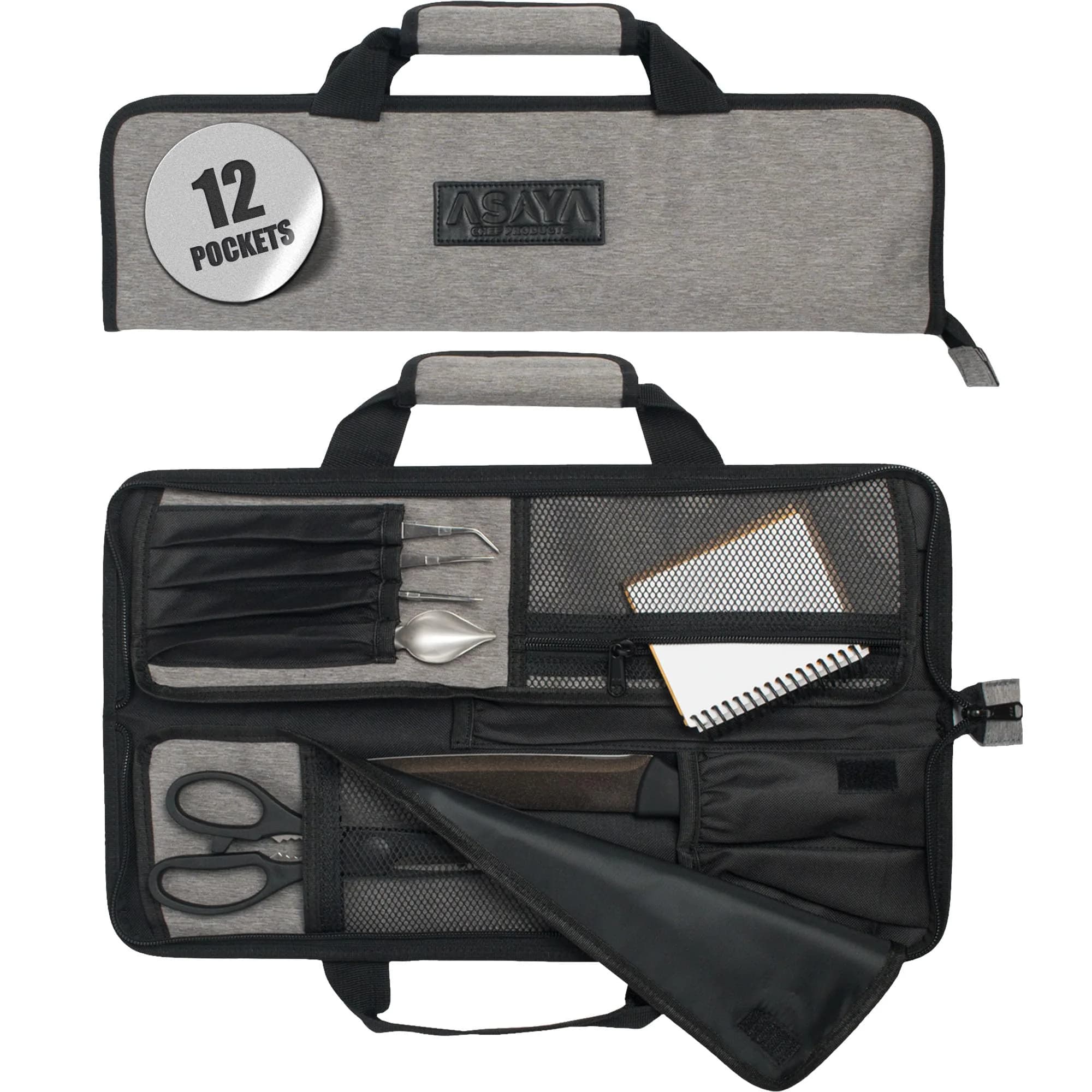 Asaya Chef Knife Roll Bag - 12-Pocket Travel Case for Kitchen Knives, Lightweight Stain-Resistant Nylon, Grey