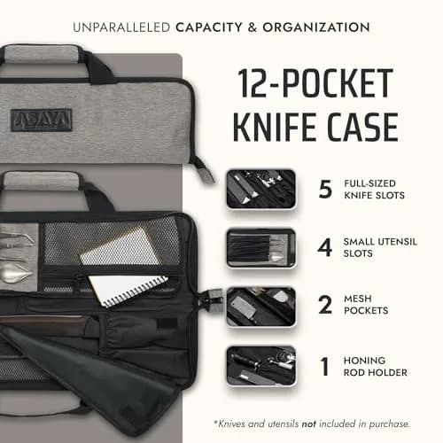 Asaya Chef Knife Roll Bag - 12-Pocket Travel Case for Kitchen Knives, Lightweight Stain-Resistant Nylon, Grey thumbnail 2