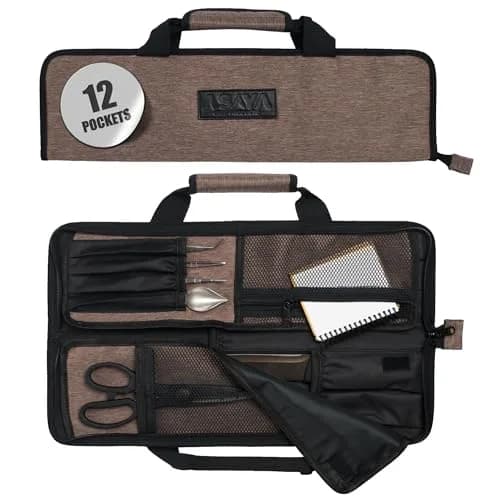 Asaya Chef Knife Roll Bag - 12-Pocket Travel Case for Kitchen Knives, Lightweight Stain-Resistant Nylon (Brown) | Secure & Portable thumbnail 1