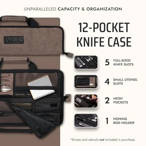 Asaya Chef Knife Roll Bag - 12-Pocket Travel Case for Kitchen Knives, Lightweight Stain-Resistant Nylon (Brown) | Secure & Portable thumbnail 2