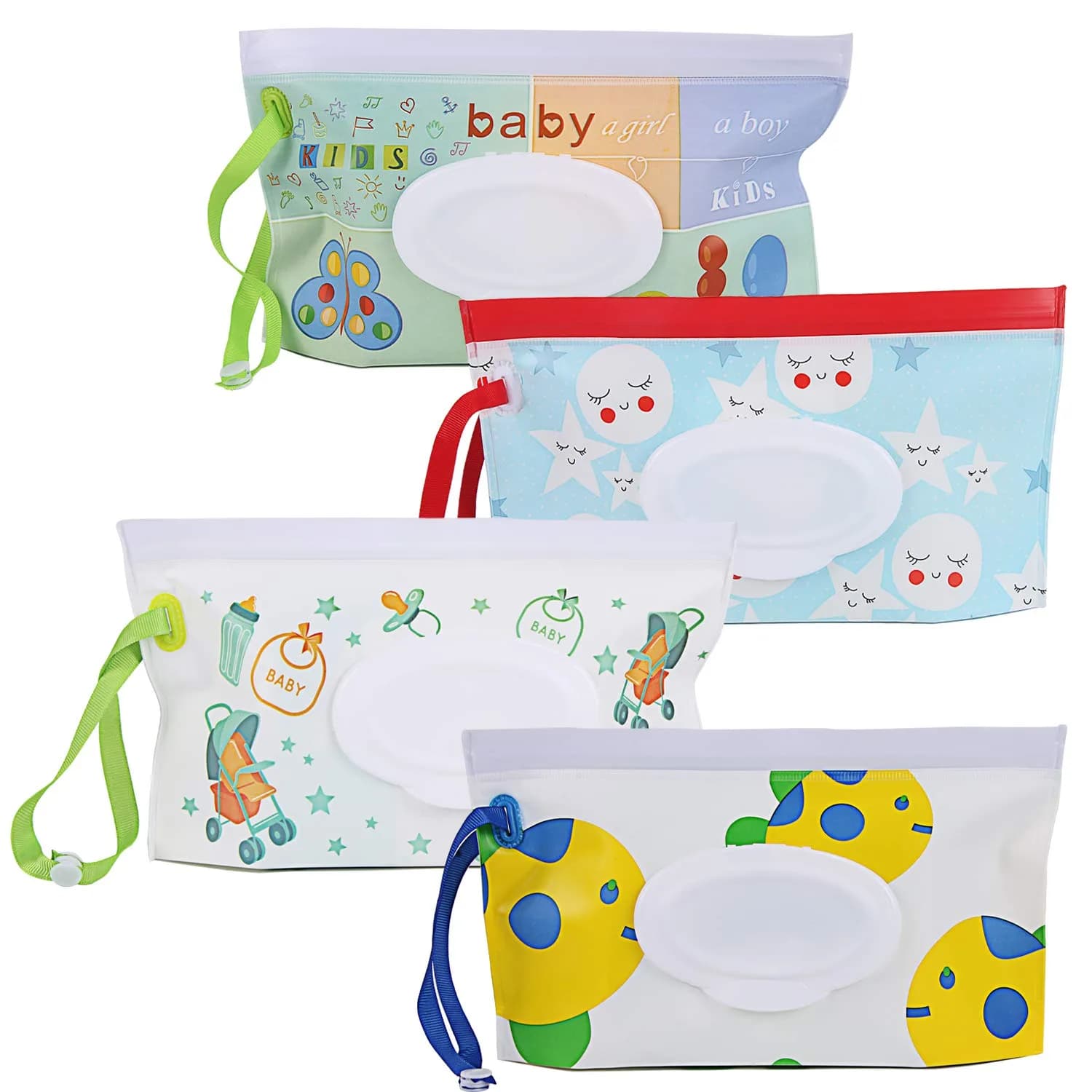 FEBSNOW Baby Wipe Dispenser 4 Pack | Portable Refillable Wet Wipe Holder with Nylon Loop, 25x14x5 cm — 9.5 Inch Container