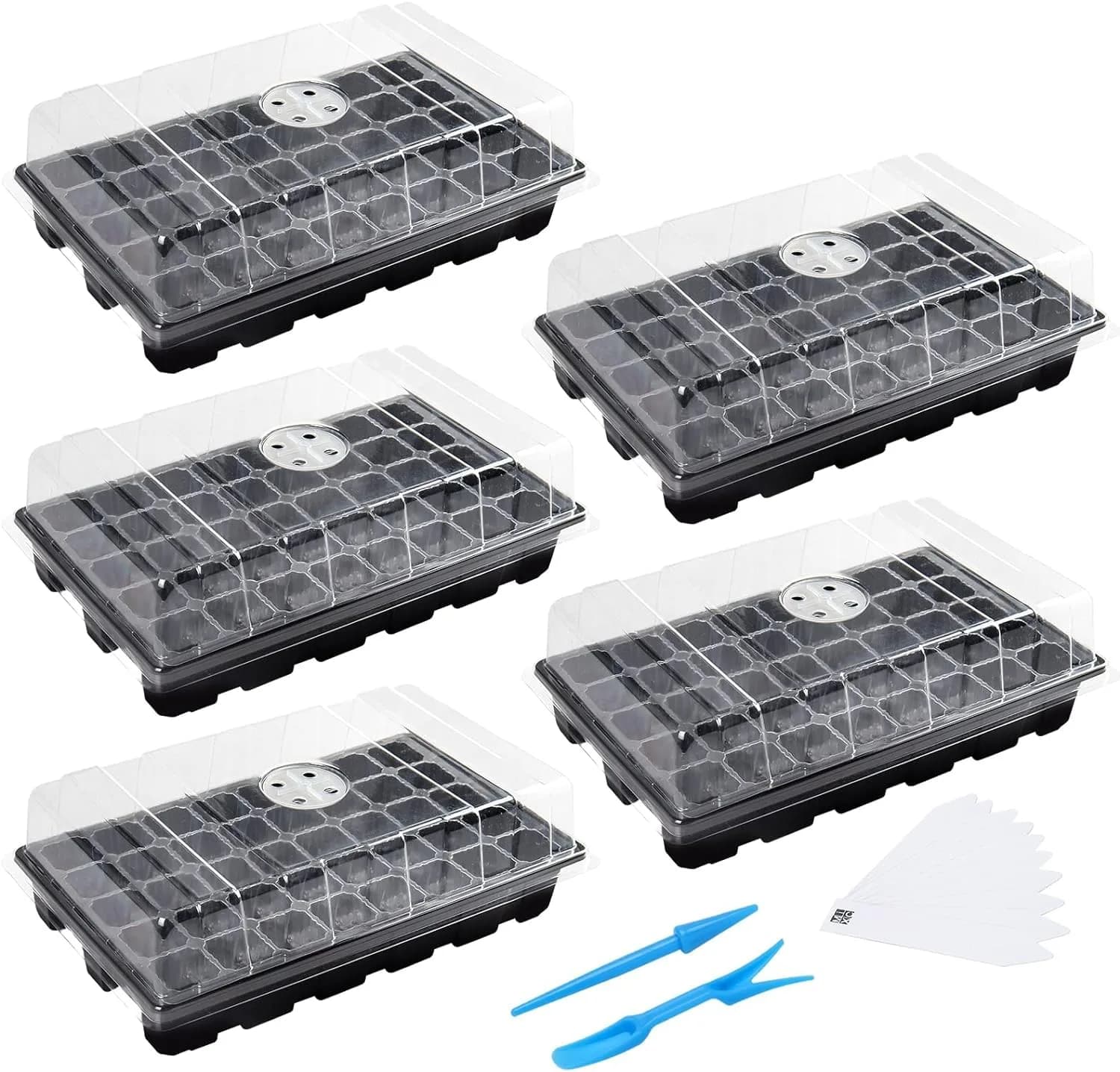MIXC 5 Pack Seed Starter Tray with Dome & Tools, 200 Cells Total (40 Cells/Tray) | Mini Propagator Greenhouse Grow Kit