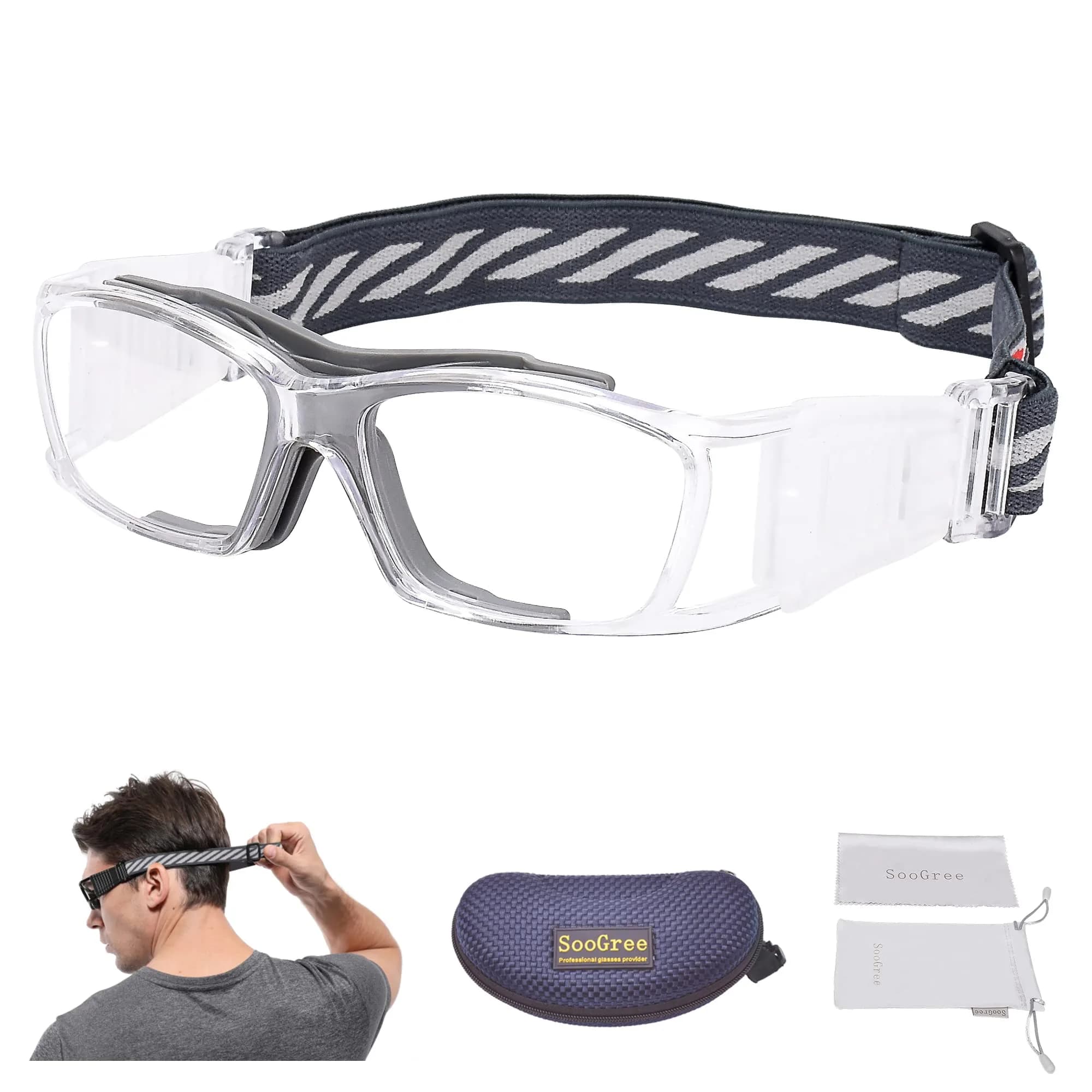 SooGree Racquetball Goggles for Men Women | Impact-Resistant Polycarbonate Lens & Adjustable Strap — Gray
