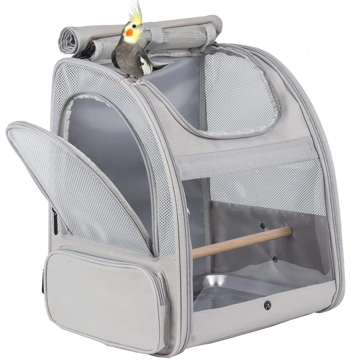 ORIZZP Bird Backpack Carrier with Stand Perch & Shade Cover, Large Green Pet Travel Backpack | Airline Approved — Grey
