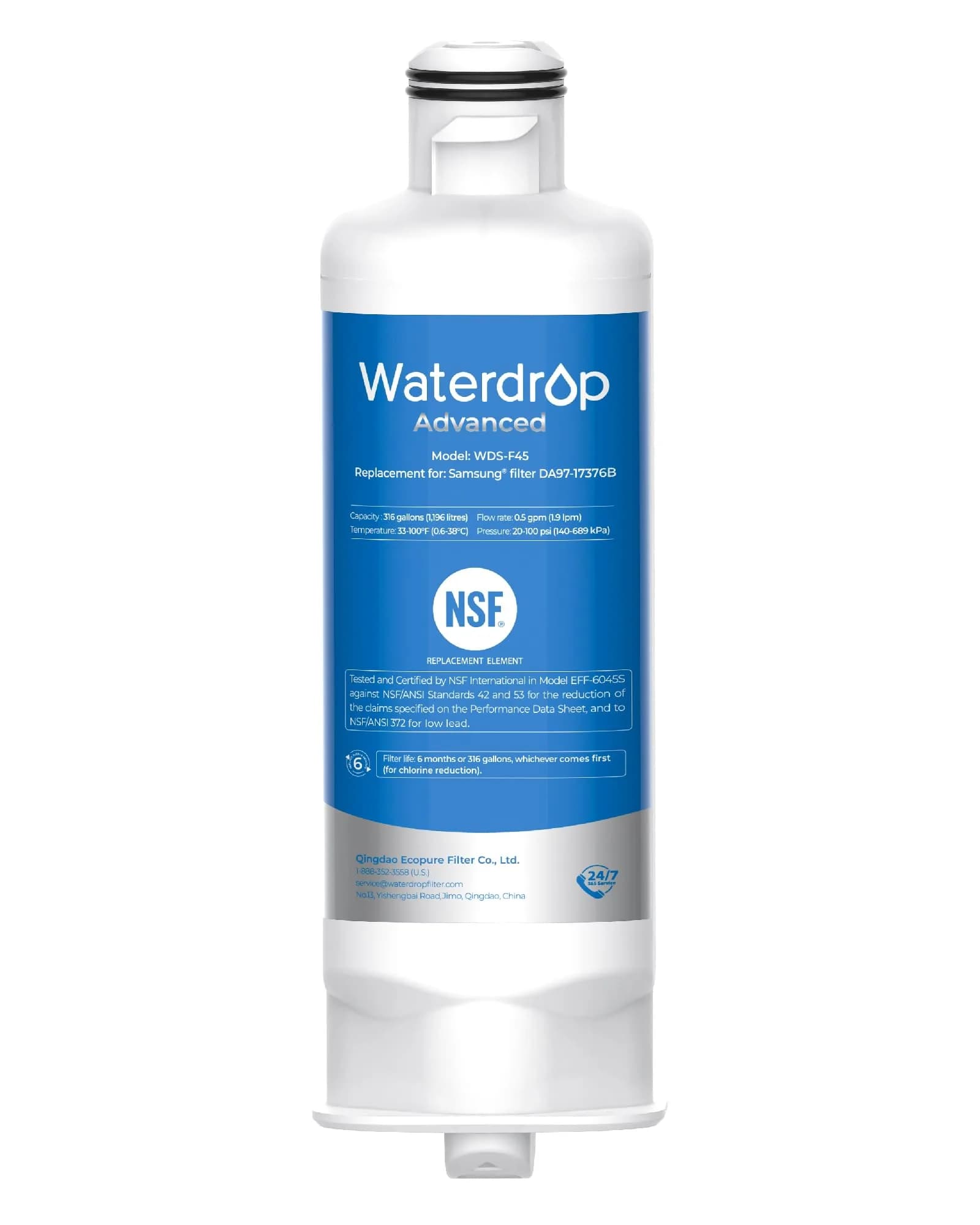 Waterdrop WDS-F45 Refrigerator Water Filter Replacement | NSF 53 & 42 Certified, 316 Gallons