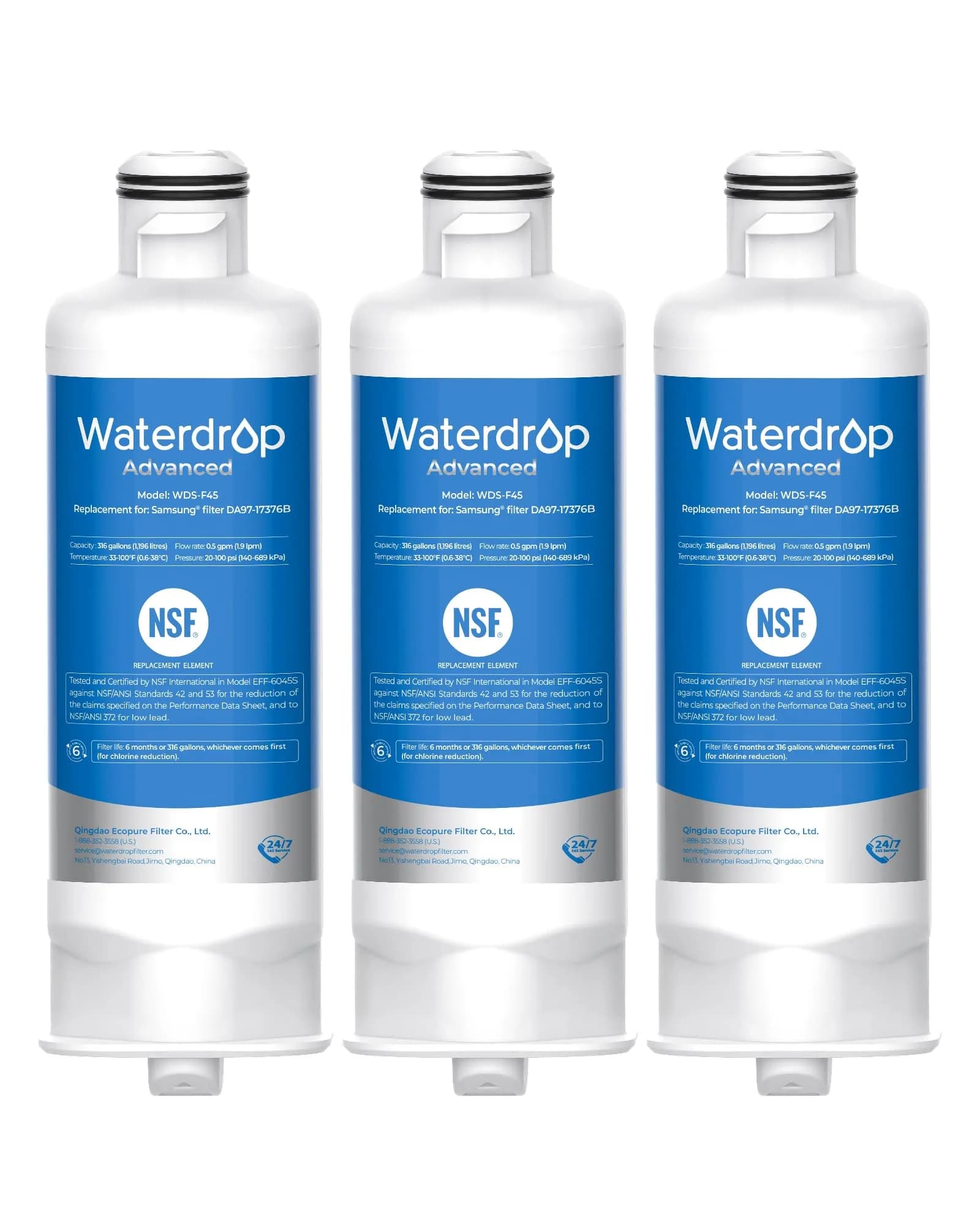 Waterdrop WDS-F45 Refrigerator Water Filter Replacement 3 Pack | NSF Certified for Lead, Mercury Reduction — Heavy Metals Removal (Pro)