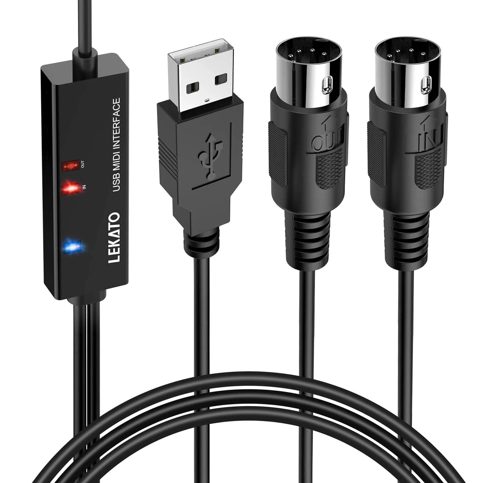 LEKATO USB MIDI Cable 2m (6.5ft) with 16-Channel Input/Output Indicators | Plug & Play MIDI to USB Keyboard Controller for Windows/Mac