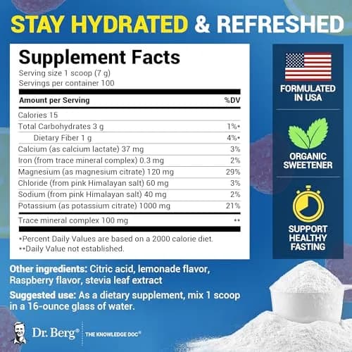 Dr. Berg Zero Sugar Hydration Keto Electrolyte Powder 1.46 Pound | Raspberry & Lemon Flavor Support thumbnail 3