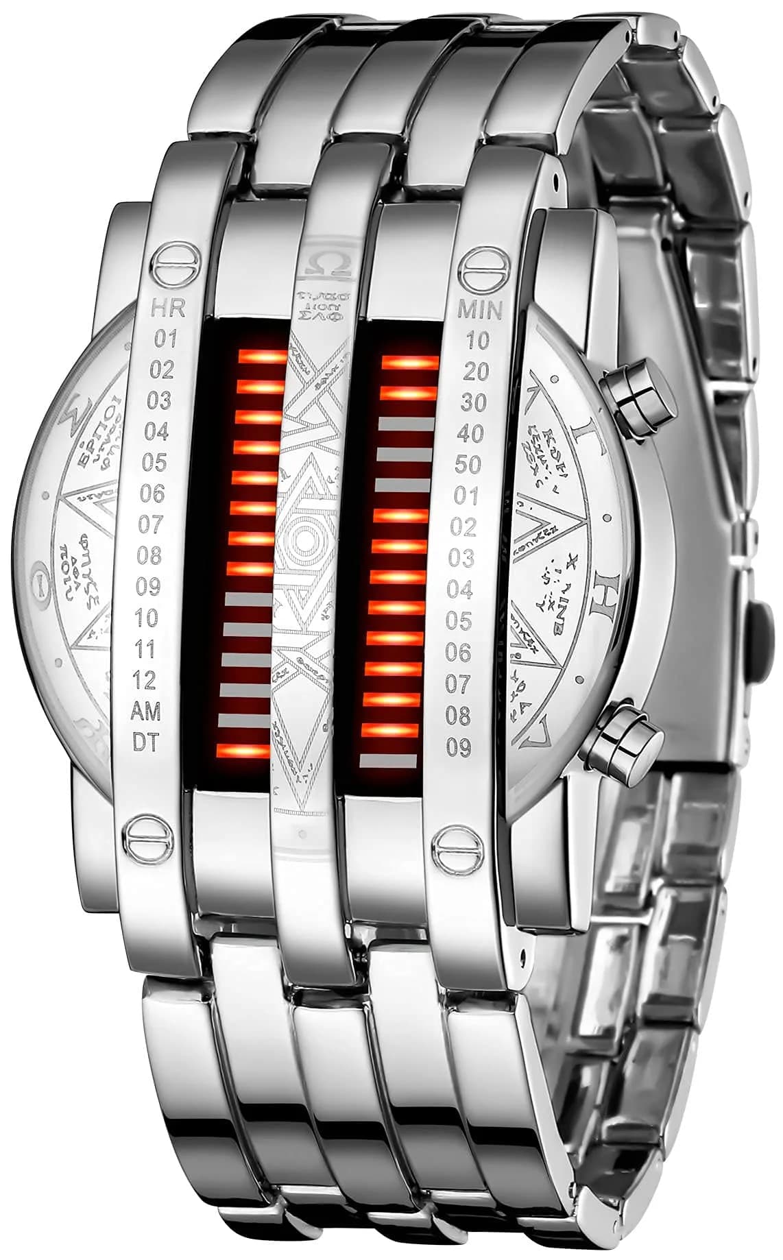 MASTOP Binary Matrix Blue LED Digital Watch for Men | 40mm Case, Stainless Steel — Silver Red